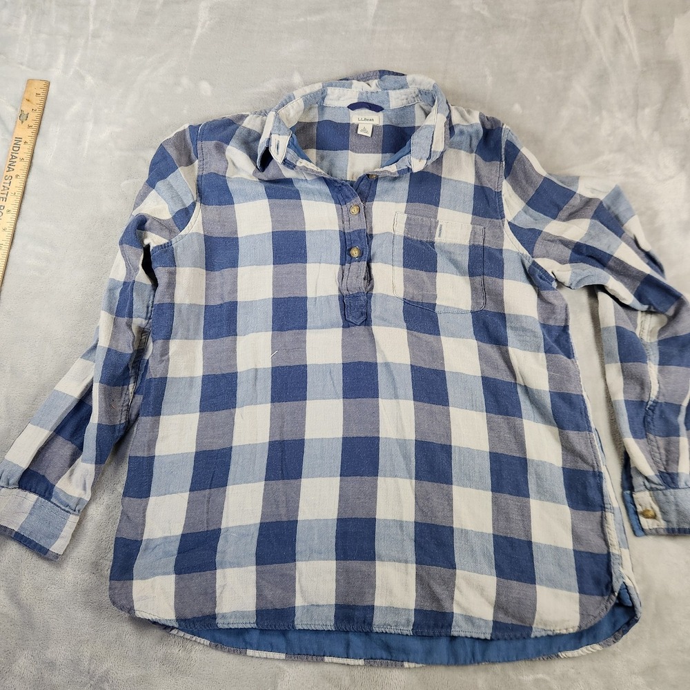 LL Bean Relaxed Fit Buffalo Plaid Flannel Tunic Women Large Blue‎ Long Sleeve